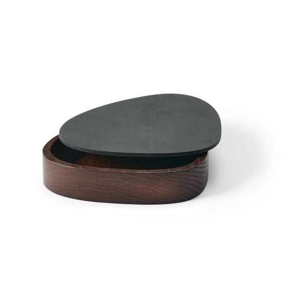 Antracīta pelēka/brūna dekoratīva koka/ekoloģiskās ādas uzglabāšanas kaste ar vāku 14x12,5x3,5 cm Curve Nupo – LIND DNA-image-1