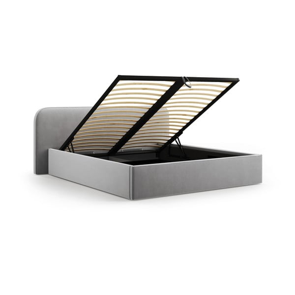 Gaiši pelēka polsterēta divvietīga gulta ar veļas kasti un redelēm 200x200 cm Elizabeth – Micadoni -image-2