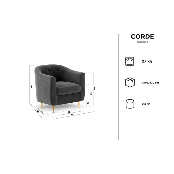 Tumši pelēks samta atpūtas krēsls Kooko Home Corde-image-4