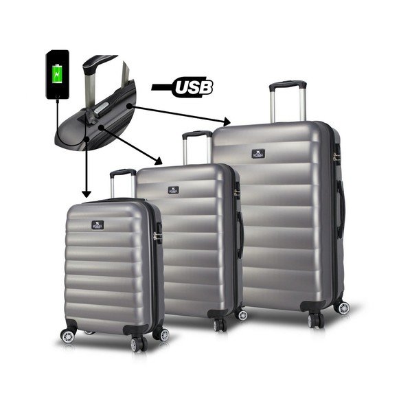 3 pelēki čemodāni ar USB portu My Valice RESSO Travel Set-image-3