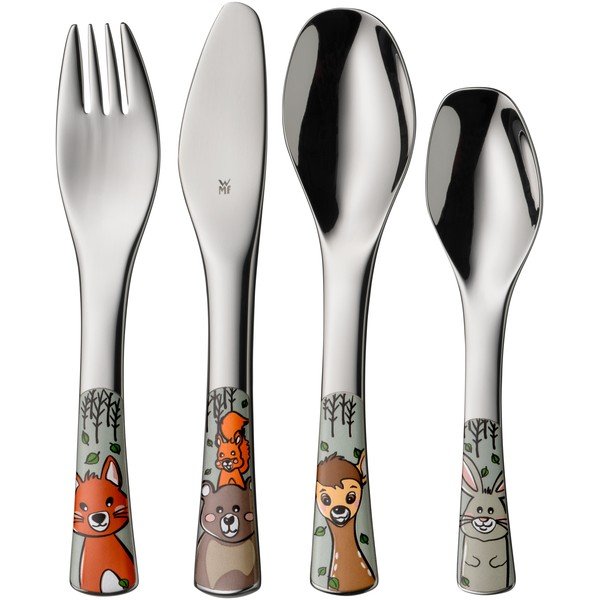 Sudraba krāsas nerūsējošā tērauda bērnu galda piederumi (4 gab.) Forest Friends – WMF