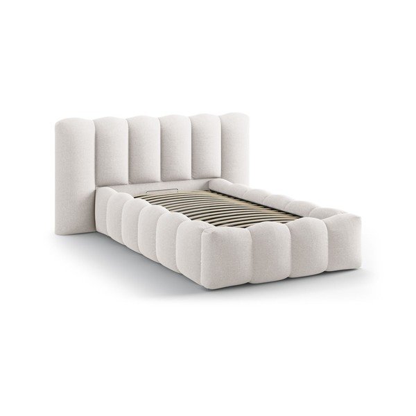 Krēmkrāsas polsterēta vienvietīga gulta ar veļas kasti un redelēm 90x200 cm Lupine – Micadoni -image-2