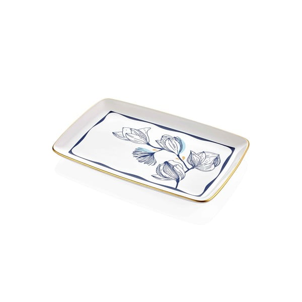 Balts porcelāna servēšanas šķīvis ar ziliem ziediem Mia Bleu, 34 x 25 cm