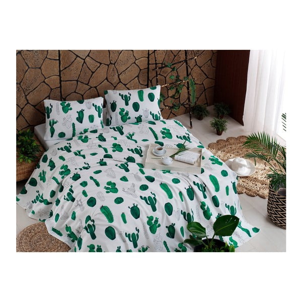 Kokvilnas gultas pārklāja, palaga un 2 spilvendrānu komplekts Cactus Green, 200 x 235 cm