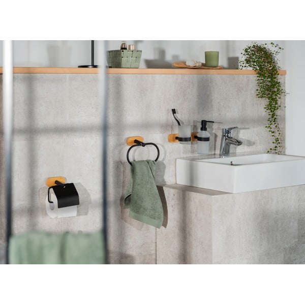 Melns/dabīga toņa stikla pašlīmējošs trauks zobu birstei Orea Bamboo – Wenko-image-2