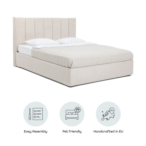 Bēša polsterēta divvietīga gulta ar veļas kasti un redelēm 160x200 cm Thessa Bold Line – Bonami Selection-image-4