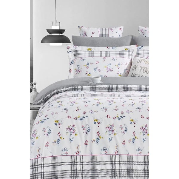 Balta/pelēka divguļamā/īpaši gara gultas veļa no ranforce kokvilnas ar palagu 200x220 cm – Mila Home-image-1