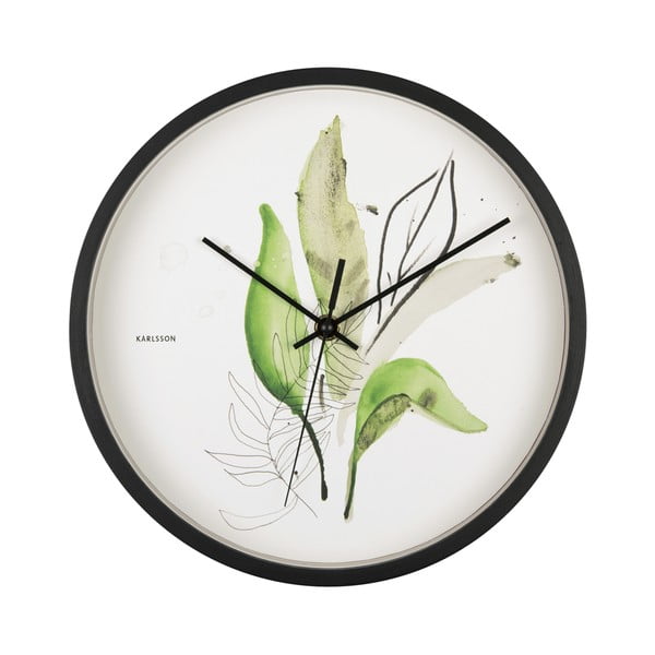 Zaļš un balts sienas pulkstenis melnā rāmī Karlsson Leaves, ø 26 cm