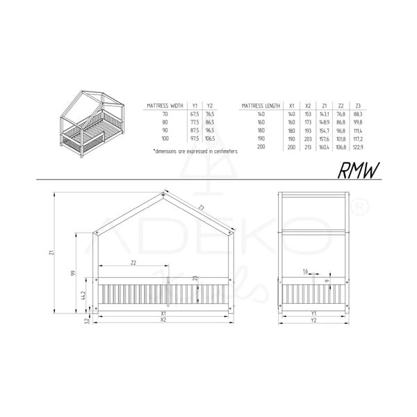 Dabīga toņa priedes masīvkoka bērnu gulta mājas formā 120x200 cm Mila RMW – Adeko-image-3