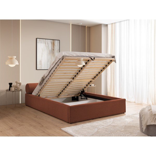 Terakotas oranža polsterēta divvietīga gulta ar veļas kasti ar redelēm 200x200 cm Cille – Ropez-image-4