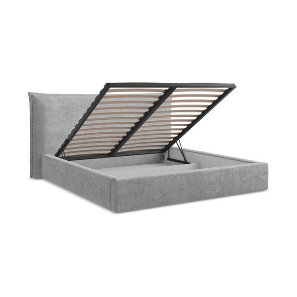 Gaiši pelēka polsterēta divvietīga gulta ar veļas kasti un redelēm 180x200 cm Esala – Makamii-image-3