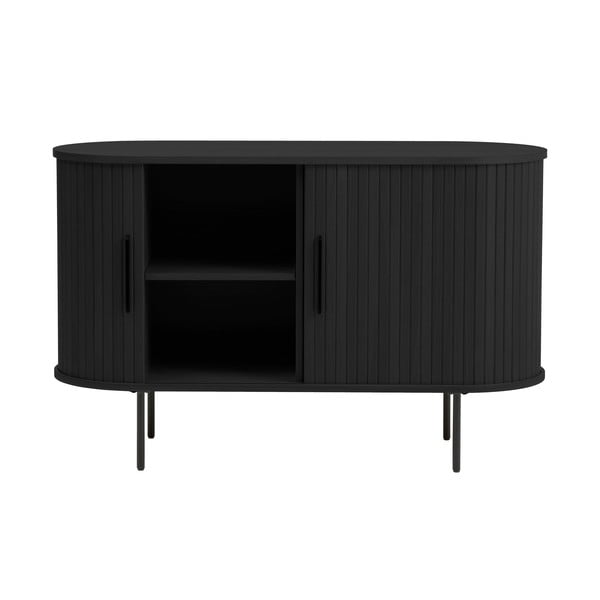 Melna kumode ar ozolkoka imitāciju un bīdāmām durvīm 120x76x45 cm Nola – Unique Furniture-image-2