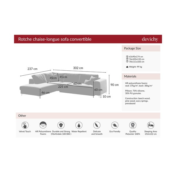 Tumši rozā samta stūra izvelkamais dīvāns Devichy Rothe, kreisais stūris-image-3