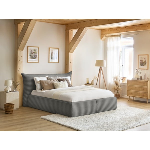 Pelēka polsterēta divvietīga gulta ar veļas kasti un redelēm 160x200 cm Jade – Bobochic Paris-image-1