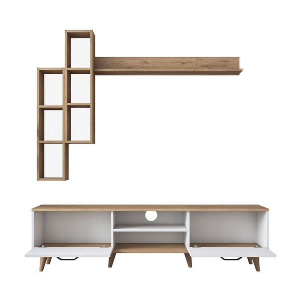 Balts/dabīga toņa TV plauktu komplekts no riekstkoka imitācijas 180x48 cm Veronica – Kalune Design-image-2