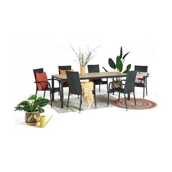 Dārza mēbeļu komplekts 6 personām ar melniem Paris krēsliem un Thor galdu, 210 x 90 cm-image-2