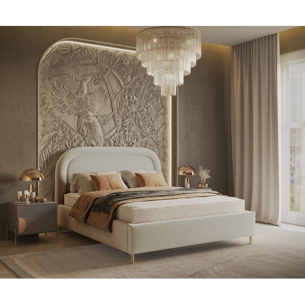 Krēmkrāsas polsterēta divvietīga gulta ar veļas kasti un redelēm 140x200 cm Mija – Maison de Rêve-image-1