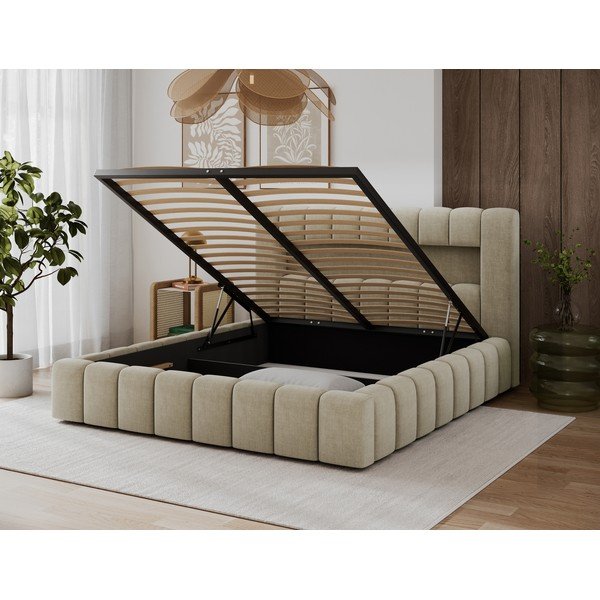 Bēša polsterēta divvietīga gulta ar veļas kasti un ar redelēm 140x200 cm Lamica – ELTAP-image-4