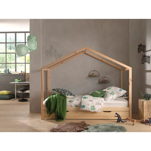 Dabīga toņa priedes masīvkoka bērnu gulta mājas formā/izvelkama ar veļas kasti 90x200 cm DALLAS – Vipack-image-1