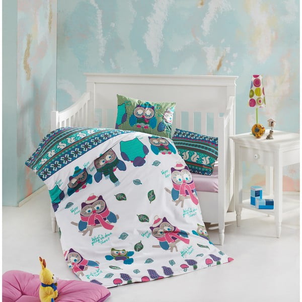 Kokvilnas bērnu gultasveļas komplekts ar palagu Nazenin Home Owly, 100 x 150 cm