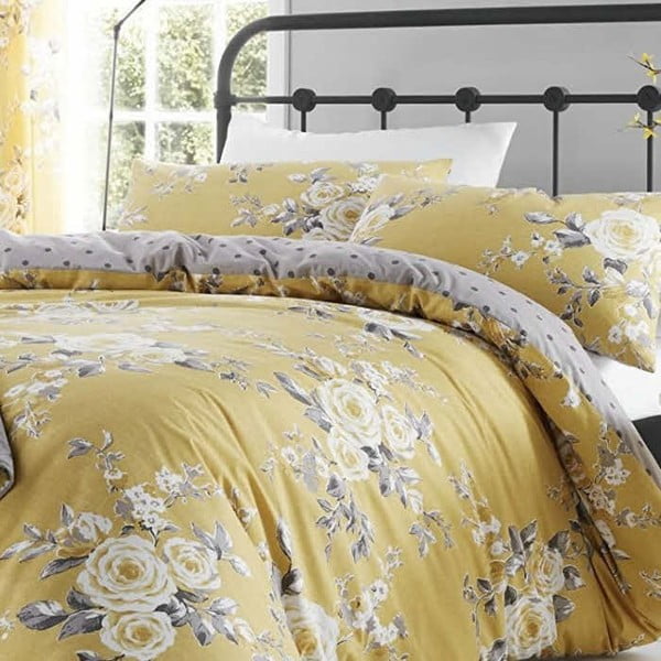 Dzeltena divguļamā gultasveļa ar ziedu motīvu Catherine Lansfield, 200 x 200 cm-image-1