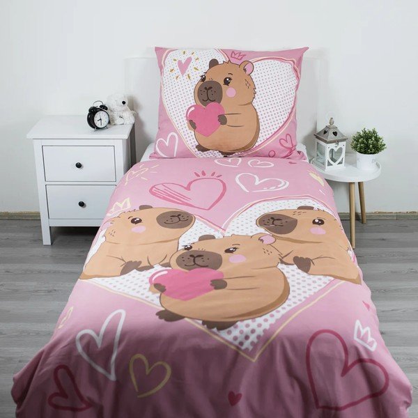 Rozā vienguļamā kokvilnas bērnu gultas veļa 140x200 cm Kapybara Heart – Jerry Fabrics-image-1