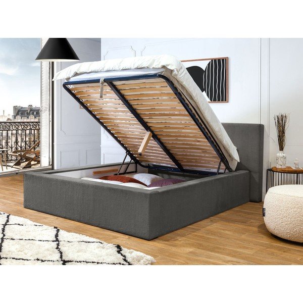 Tumši pelēka polsterēta divvietīga gulta ar veļas kasti ar redelēm 160x200 cm Nihad – Bobochic Paris-image-3