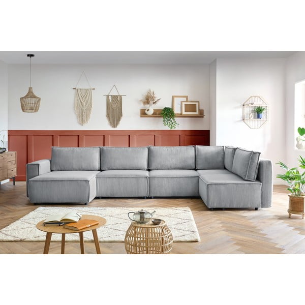 Gaiši pelēks velveta stūra dīvāns (ar labo stūri/U veida) Nihad modular – Bobochic Paris-image-1