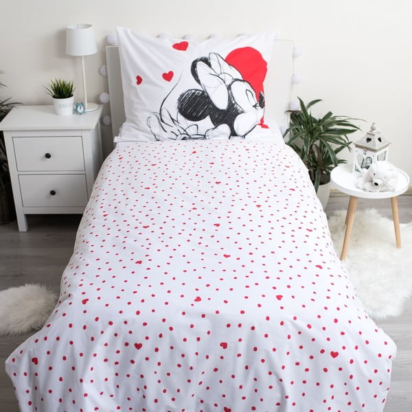 Sarkana/balta vienguļamā kokvilnas bērnu gultas veļa 140x200 cm Mickey and Minnie "Love" – Jerry Fabrics-image-2