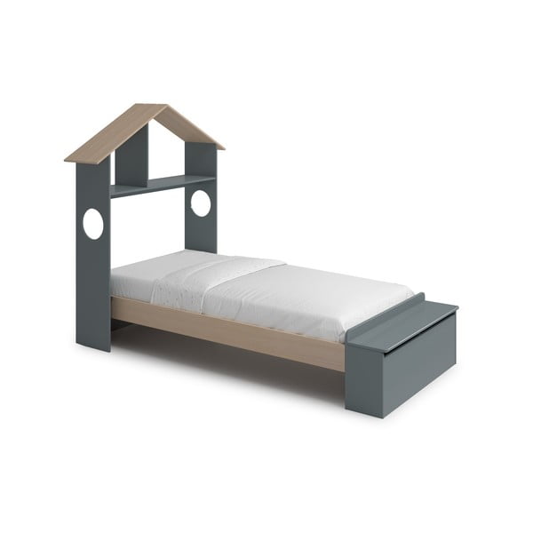 Dabīga toņa/dūmakaini zaļa bērnu gulta ar priedes koka imitāciju mājas formā ar veļas kasti ar redelēm 90x190 cm Odessa – Marckeric-image-4