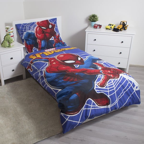 Sarkana/zila vienguļamā kokvilnas bērnu gultas veļa ar spīdošu efektu 140x200 cm Spider-man – Jerry Fabrics-image-1