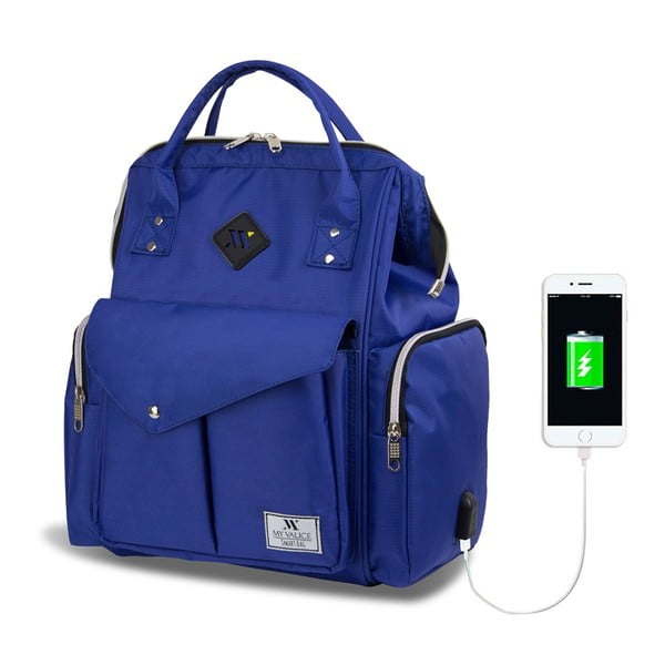 Zila mugursoma māmiņām ar USB portu My Valice HAPPY MOM Baby Care Backpack