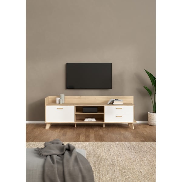 Balts/dabīga toņa TV galdiņš ar ozolkoka imitāciju 182x62x51 cm Ikast – Tvilum-image-1