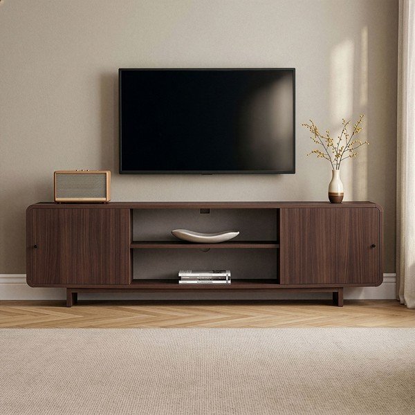 Tumša dabīga toņa TV galdiņš ar riekstkoka imitāciju 180x52x34 cm Mirel – Nordure-image-1