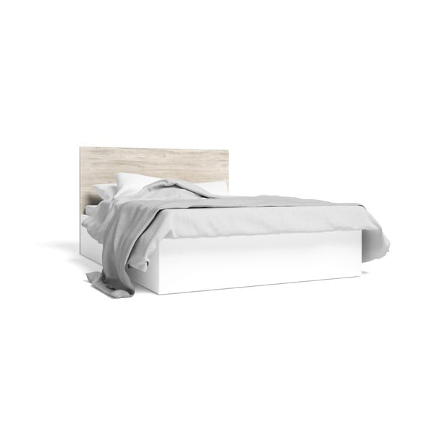 Balta/dabīga toņa divvietīga gulta ar ozolkoka imitāciju un veļas kasti 140x190 cm Sahara – Marckeric