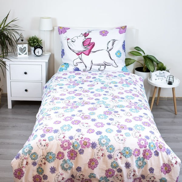 Balta vienguļamā kokvilnas bērnu gultas veļa 140x200 cm Marie Cat "Floral" – Jerry Fabrics-image-2