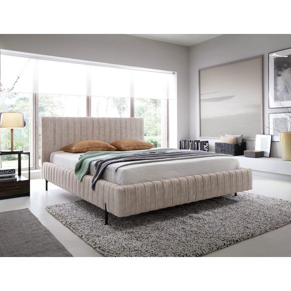 Bēša polsterēta divvietīga gulta ar veļas kasti un ar redelēm 140x200 cm Plissa – ELTAP-image-1