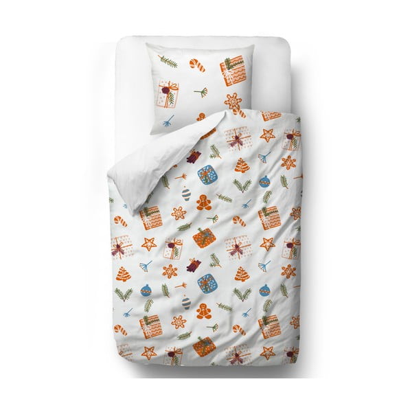 Balta/oranža vienguļamā gultas veļa no kokvilnas satīna 140x200 cm Wrapped Surprise – Butter Kings