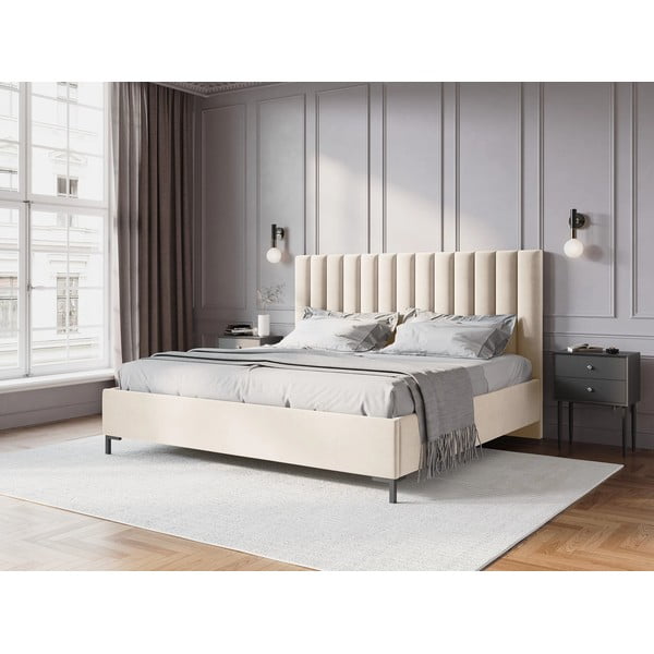 Bēša polsterēta divvietīga gulta ar veļas kasti un redelēm 180x200 cm Casey – Mazzini Beds-image-1