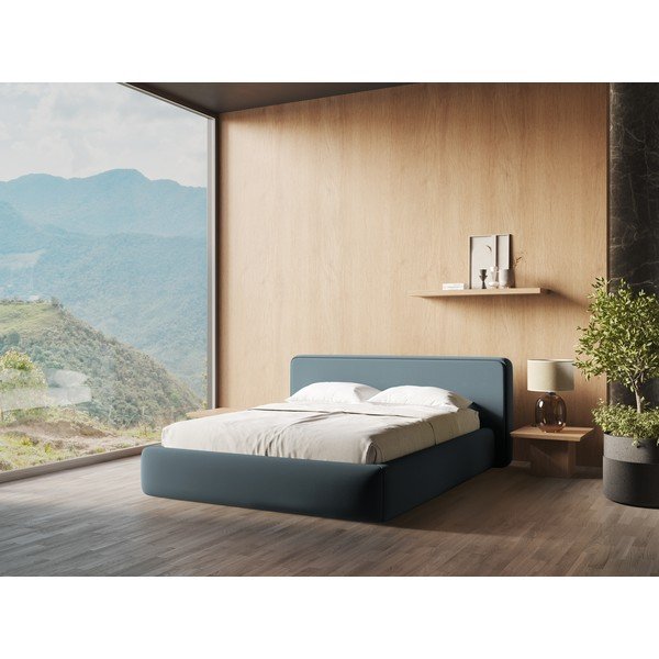 Zila polsterēta divvietīga gulta ar veļas kasti un redelēm 140x200 cm Kiana – Makamii-image-1