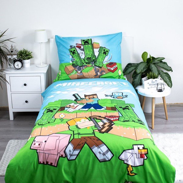 Zaļa/zila vienguļamā kokvilnas bērnu gultas veļa 140x200 cm Minecraft "Outdoor Mobs" – Jerry Fabrics-image-1