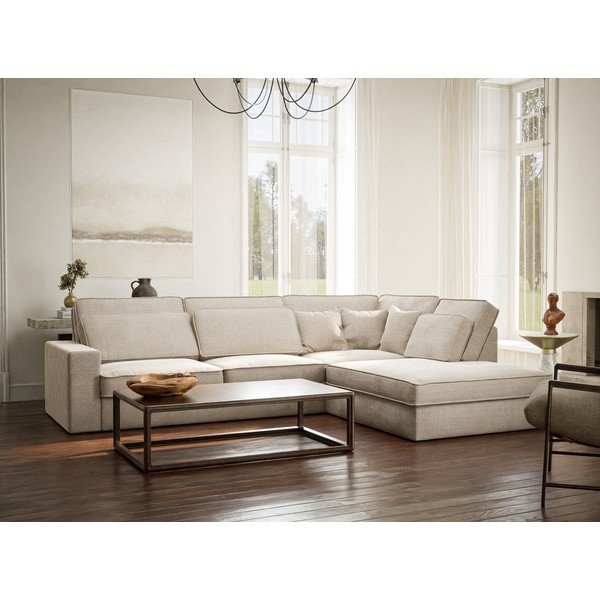 Krēmkrāsas stūra dīvāns no šenila auduma (ar labo stūri/L veida) Kirou – Maison de Rêve-image-1