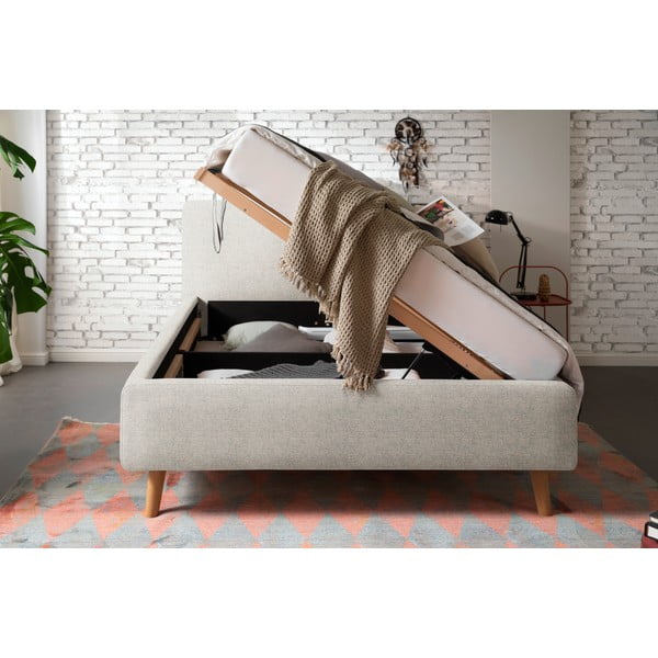 Bēša polsterēta divvietīga gulta ar veļas kasti ar redelēm 140x200 cm Mattis – Meise Möbel-image-3