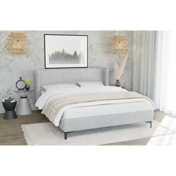 Pelēka polsterēta divvietīga gulta ar redelēm 140x200 cm Basti – Ropez-image-1