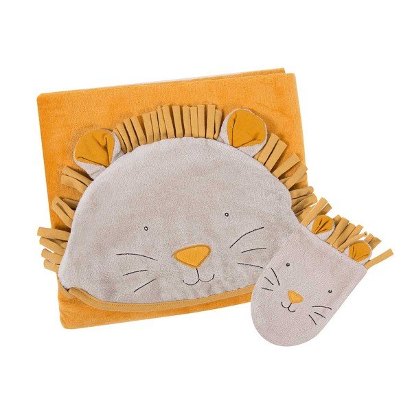 Dzeltens kokvilnas dvieļu komplekts ar kapuci un mazgāšanās lupatiņu mazuļiem 80x114 cm Sous mon Baobab – Moulin Roty-image-1