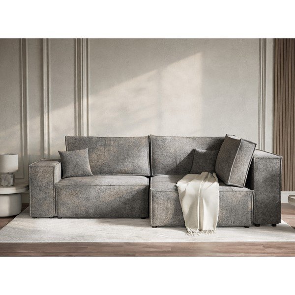 Pelēks salokāms stūra dīvāns no šenila auduma ar uzglabāšanas vietu (ar labo stūri/L veida) Tonga – Maison de Rêve-image-1