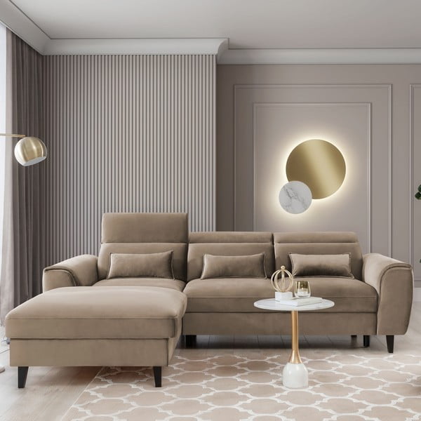 Gaiši brūns samta salokāms/ar uzglabāšanas vietu stūra dīvāns (ar kreiso stūri/ar zvilni) Foble – ELTAP-image-1