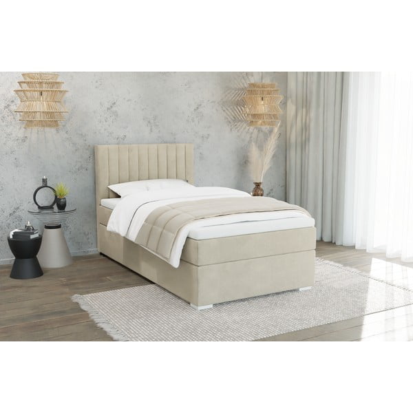 Bēša polsterēta vienvietīga gulta ar veļas kasti un redelēm  100x200 cm Bunny – Ropez-image-1