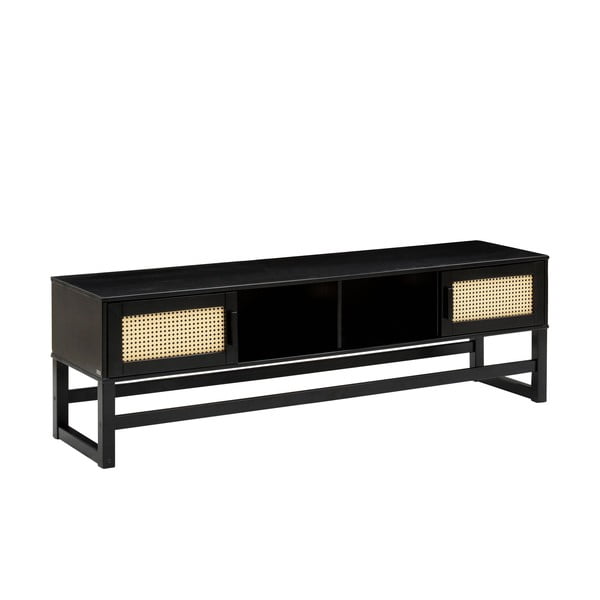 Melns TV galdiņš no priedes koka ar rotangpalmas durvīm Støraa Jolene-image-1