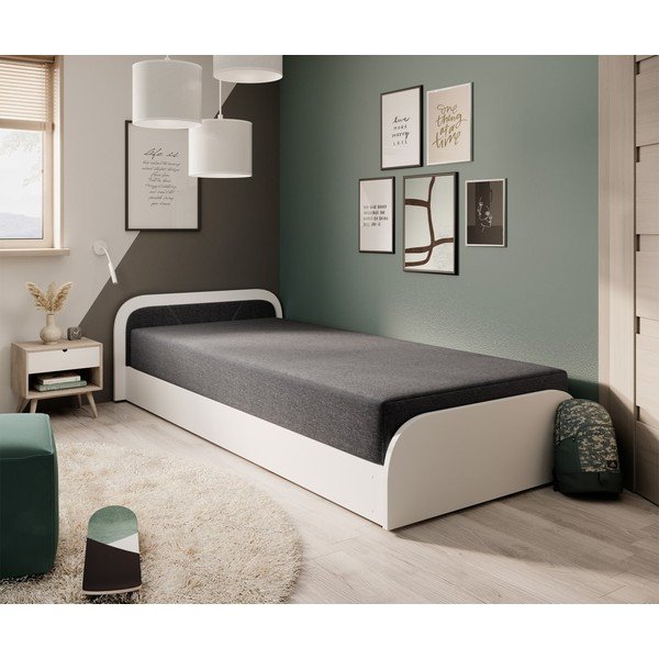 Balta/tumši pelēka polsterēta/no skaidu plāksnēm vienvietīga gulta ar veļas kasti un ar matraci 80x190 cm Parys – ELTAP-image-2